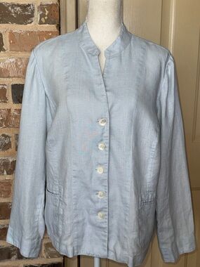 Madison Studio Pale Blue Linen Shirt Jacket Mandarin Collar Casual Resortwear